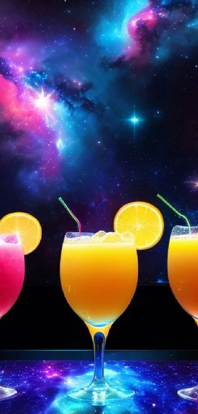 Bright mocktails set against a vivid cosmic background.