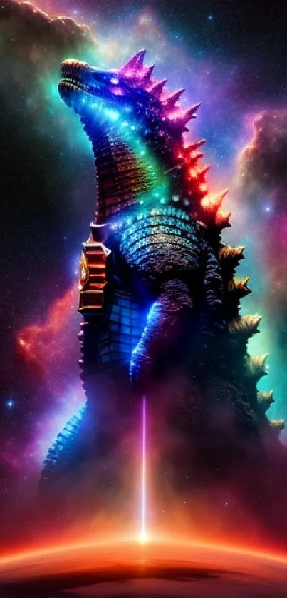 Vibrant cosmic monster with galaxy background and rainbow colors.