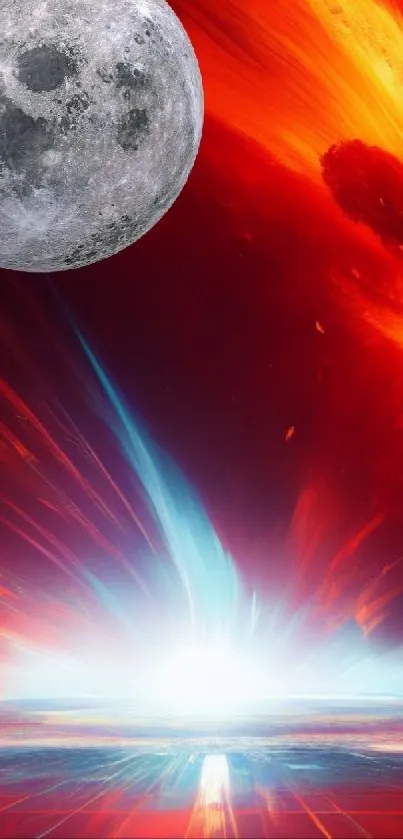 Vibrant cosmic wallpaper with moon and fiery colors.