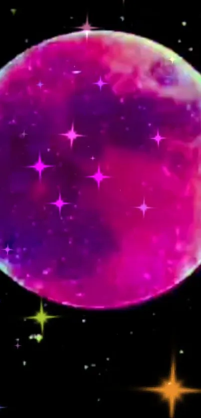 Vivid pink moon with stars on a black background.