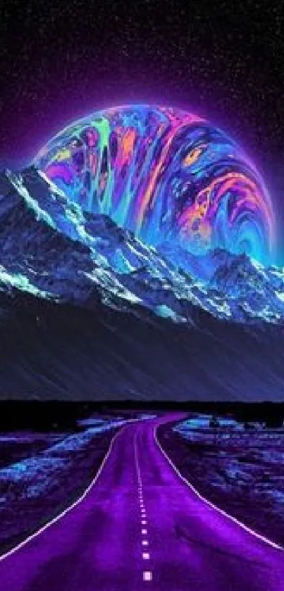 Neon mountains with a colorful cosmic sky in a fantasy wallpaper.