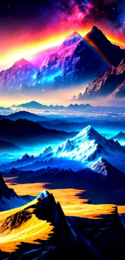 Vibrant cosmic mountain landscape with colorful nebula sky.