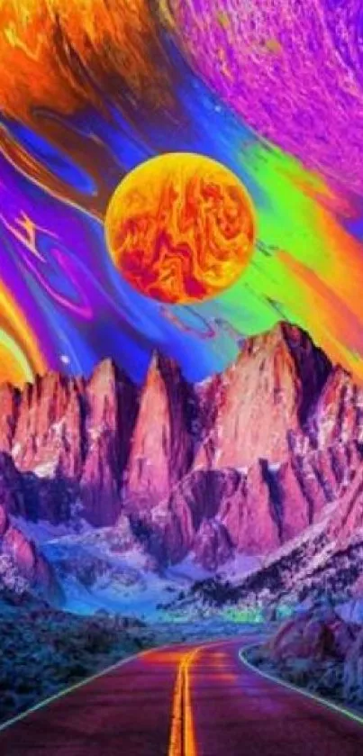 Vibrant cosmic mountains with colorful sky and planet.