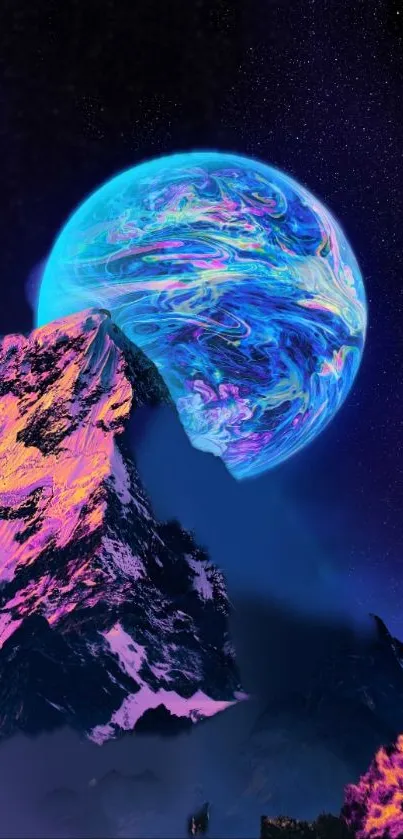 Neon cosmic scene with mountain and planet