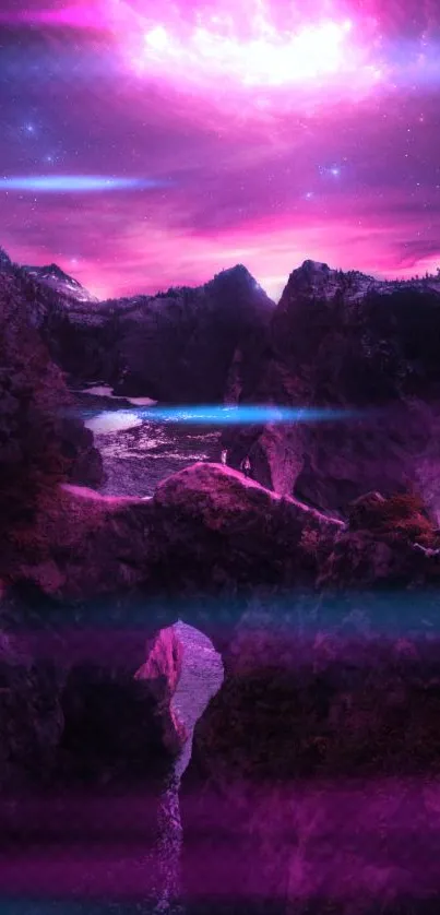 Cosmic mountain view with pink sky and stars in vibrant colors.