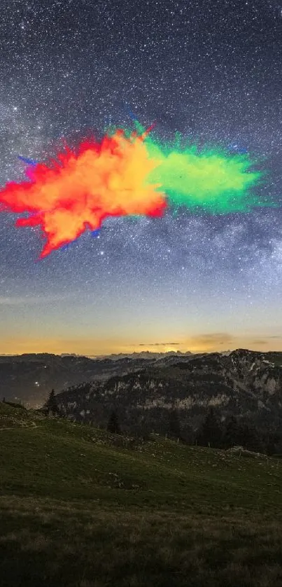 Vibrant cosmic colors over mountain landscape at night.