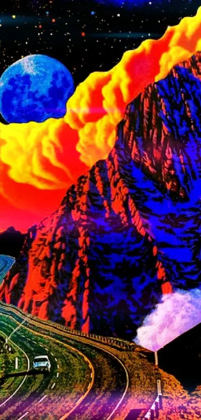 Surreal cosmic mountain with vibrant colors and galaxy backdrop.