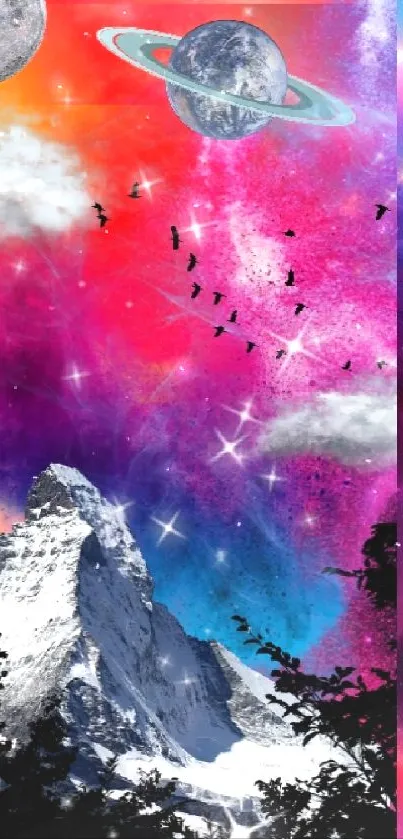 Cosmic mountain with colorful sky and planets in vibrant wallpaper design.