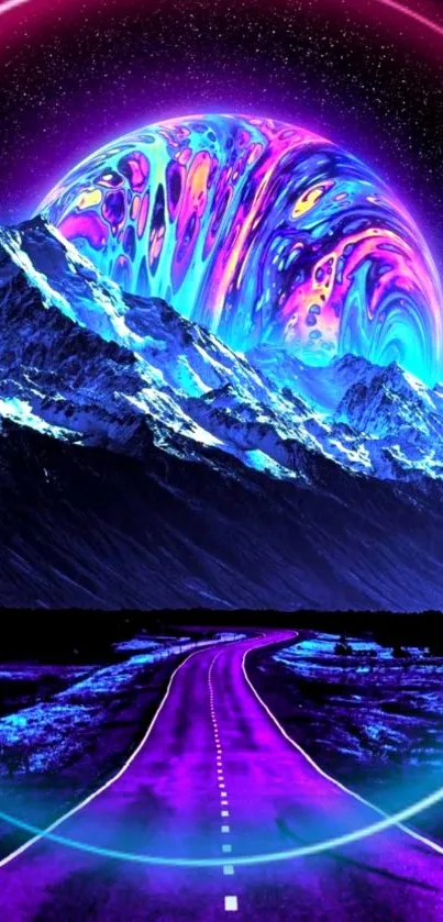 Vibrant cosmic mountain with neon colors and a starry sky.