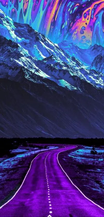 Vibrant cosmic mountain landscape with a purple road under an alien sky.