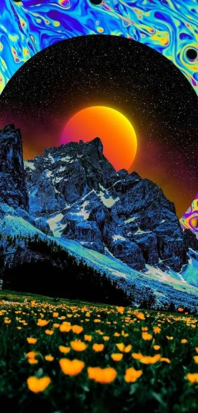 Vibrant wallpaper with cosmic swirls over mountains and a starry sky.