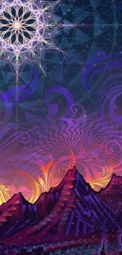 Vibrant mountain wallpaper with cosmic patterns and purple hues.