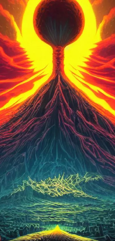Cosmic mountain with fiery red and purple hues, creating a vibrant surreal landscape.