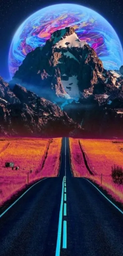 Surreal mountain road leads to a glowing blue planet in a vibrant cosmic landscape.