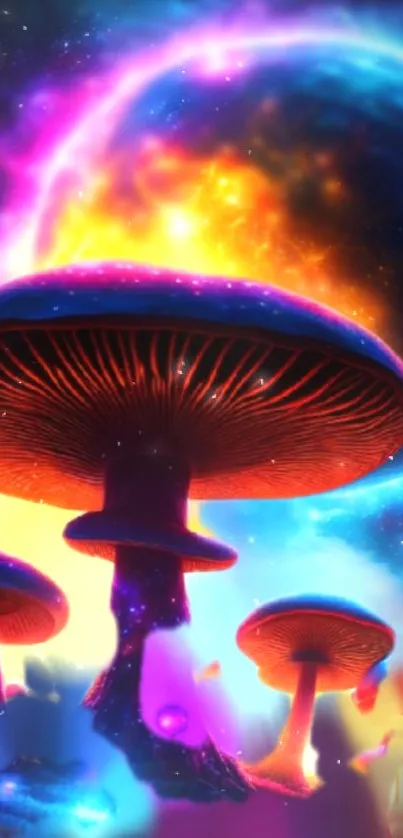 Colorful cosmic mushrooms with a purple galaxy background.