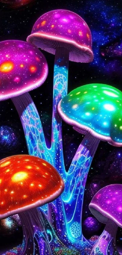 Colorful cosmic mushrooms with a vibrant and psychedelic starry background.