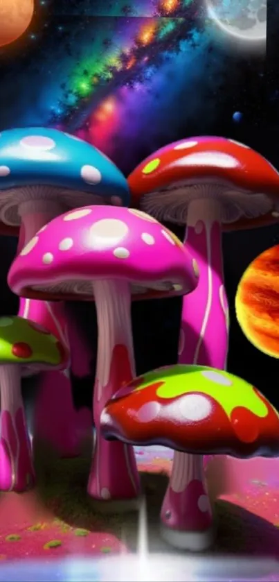 Vibrant, psychedelic cosmic mushrooms with a galaxy backdrop.