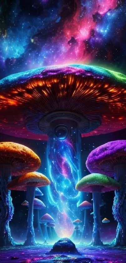 Vibrant cosmic mushrooms under a colorful night sky.