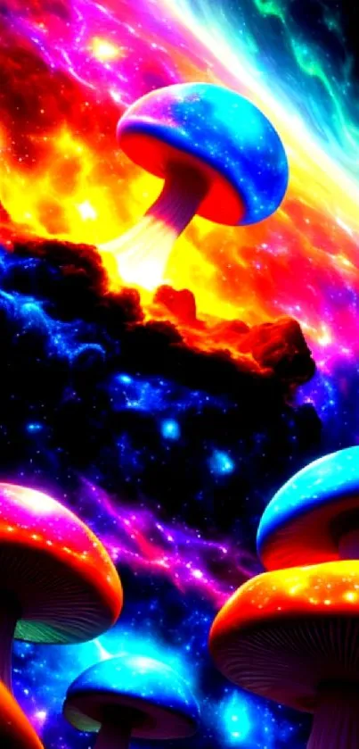 Vibrant cosmic scene with colorful mushrooms and neon clouds.