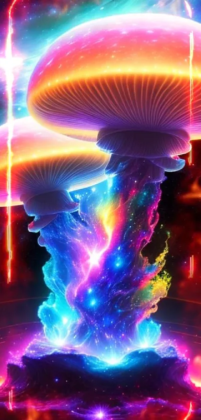 Vibrant wallpaper featuring cosmic mushrooms with a galaxy background.