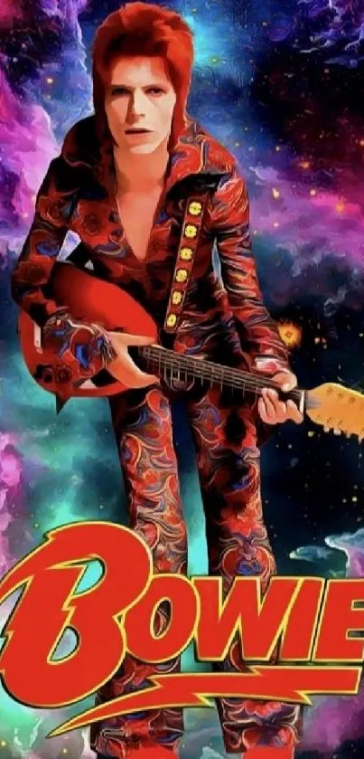 Colorful cosmic music wallpaper with a retro musician.