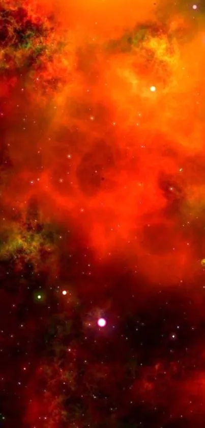 Vibrant orange and red cosmic nebula wallpaper with stars.