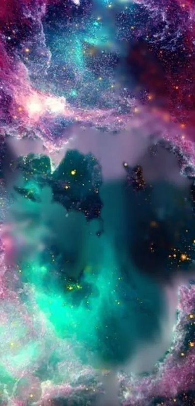 Teal and purple cosmic nebula wallpaper with stars and vibrant colors.