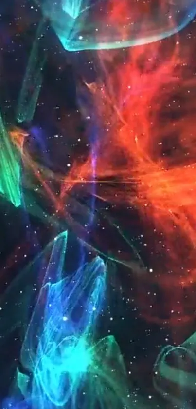 Vibrant cosmic nebula with red, green, and blue wisps against a starry sky.