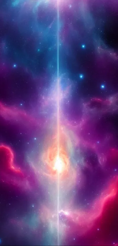 Vibrant purple nebula mobile wallpaper with cosmic elements.