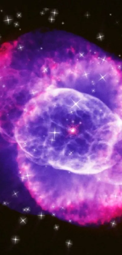 Purple and pink nebula with stars wallpaper for mobile phone.