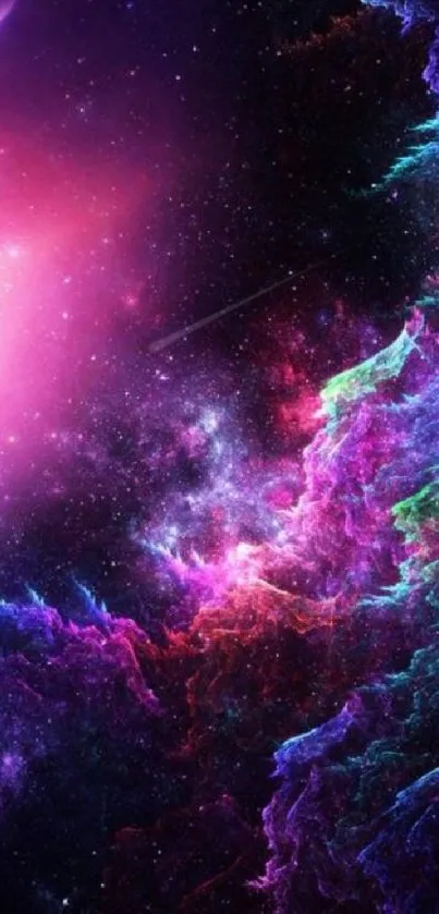 Vibrant cosmic nebula with purple and pink hues on mobile wallpaper.