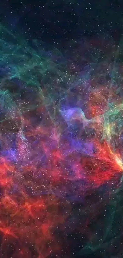 Vibrant nebula wallpaper with red, blue, and green cosmic colors.