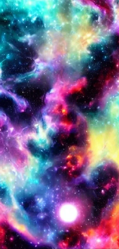 Colorful cosmic nebula with vibrant swirling galaxies and stars.