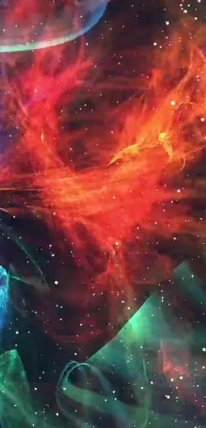 Vibrant cosmic nebula wallpaper with red, blue, and green colors.