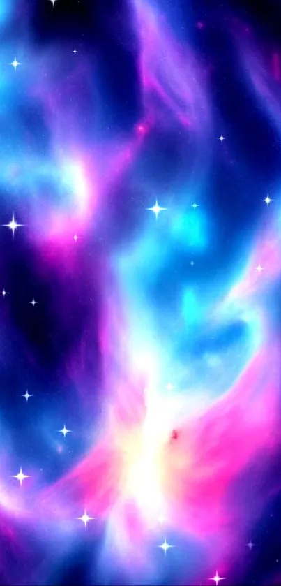 Vibrant blue and pink cosmic nebula mobile wallpaper.