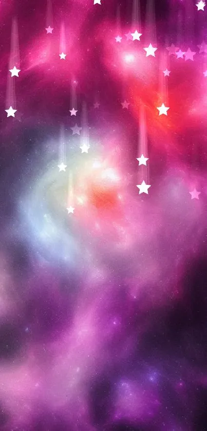 Vibrant cosmic nebula with pink and purple swirling colors.