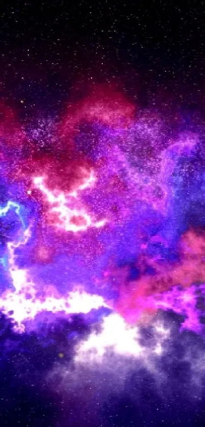 Vibrant cosmic nebula with purple and blue hues against a black space backdrop.