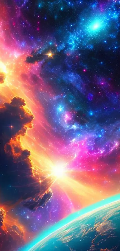 Vibrant cosmic nebula wallpaper with colorful galactic landscape and planet view.