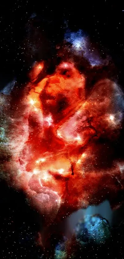 Vibrant red cosmic nebula wallpaper with galaxy and stars.