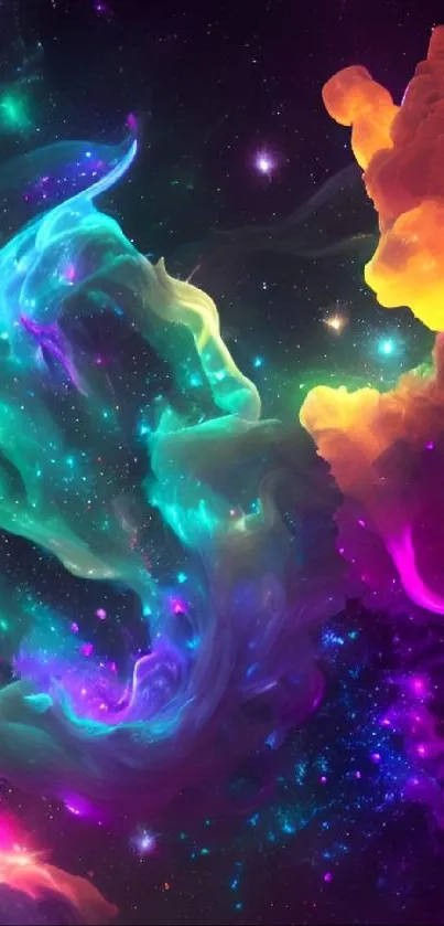 Vibrant nebula wallpaper with teal, purple, and orange hues in a cosmic scene.