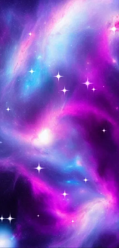 Vibrant cosmic nebula in purple and blue hues as phone wallpaper.