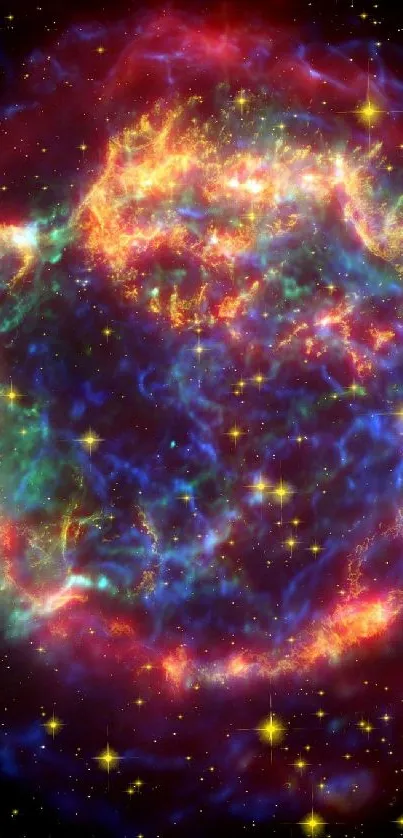 Colorful cosmic nebula in space phone wallpaper.