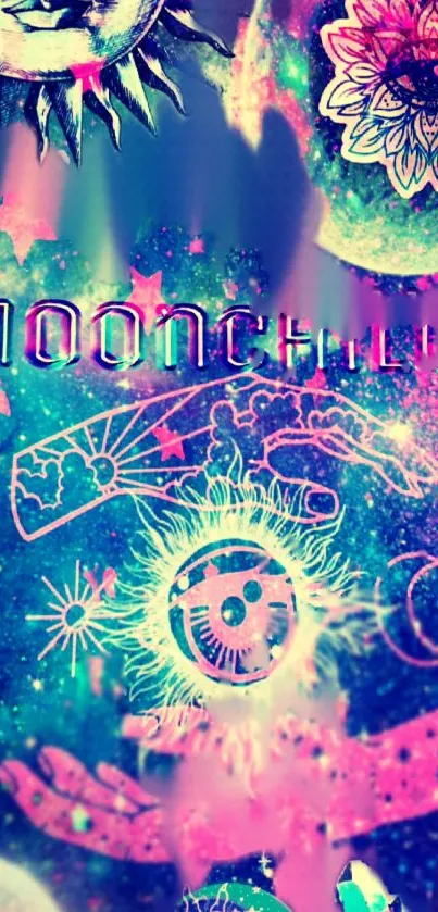 Vibrant Moonchild mobile wallpaper with neon cosmic elements.