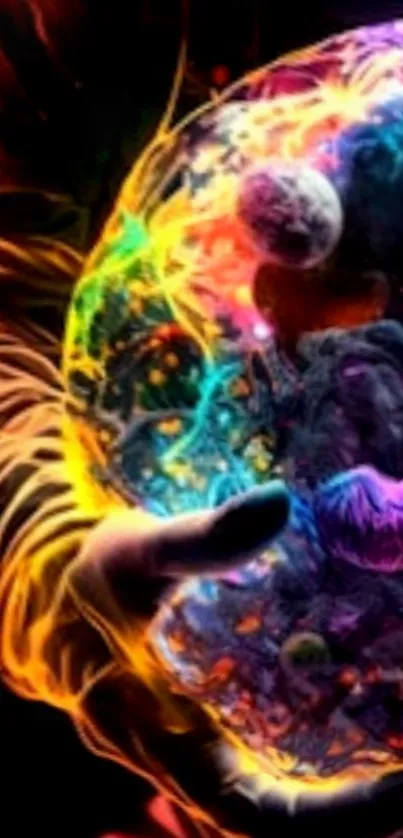 Vibrant cosmic sphere with neon colors and planets.