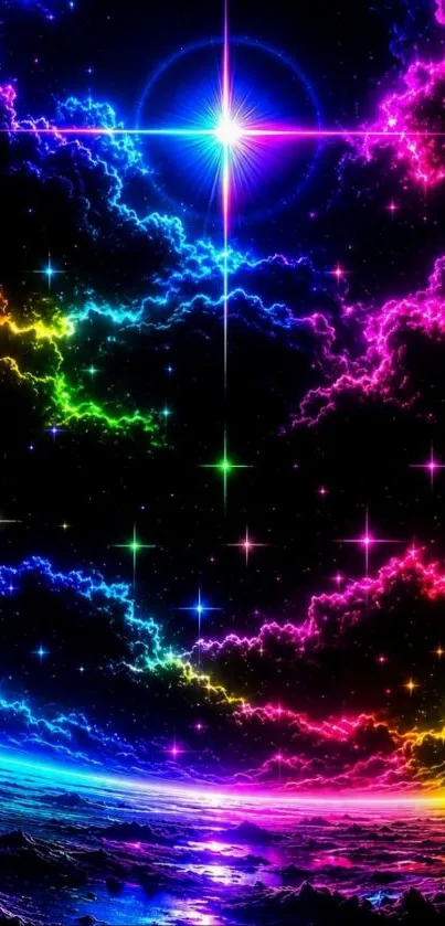 Vibrant cosmic neon wallpaper with colorful clouds and starry sky.