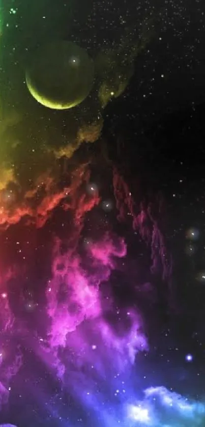 Vibrant neon galaxy wallpaper with planets and colorful nebulas.