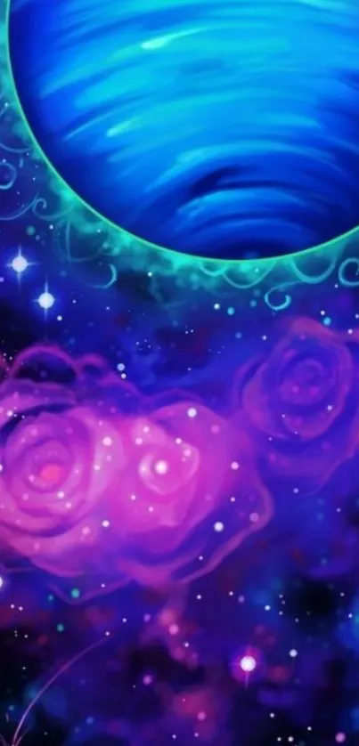 Vibrant galaxy wallpaper with blue and purple hues depicting cosmic art.