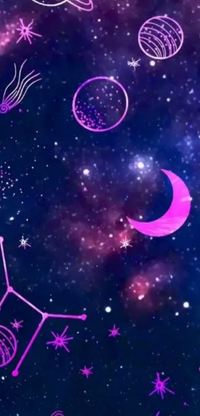 Neon cosmic wallpaper with planets and stars.