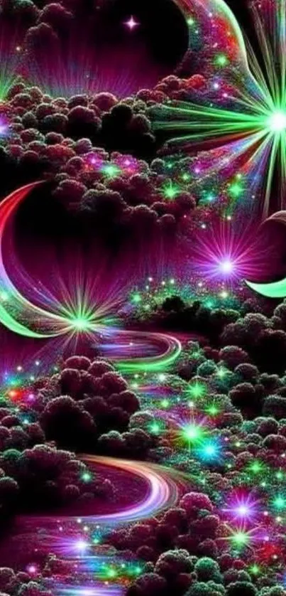 Vibrant cosmic night sky with stars and clouds.