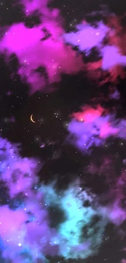 Purple and blue cosmic nebula with stars and a crescent moon in the night sky.